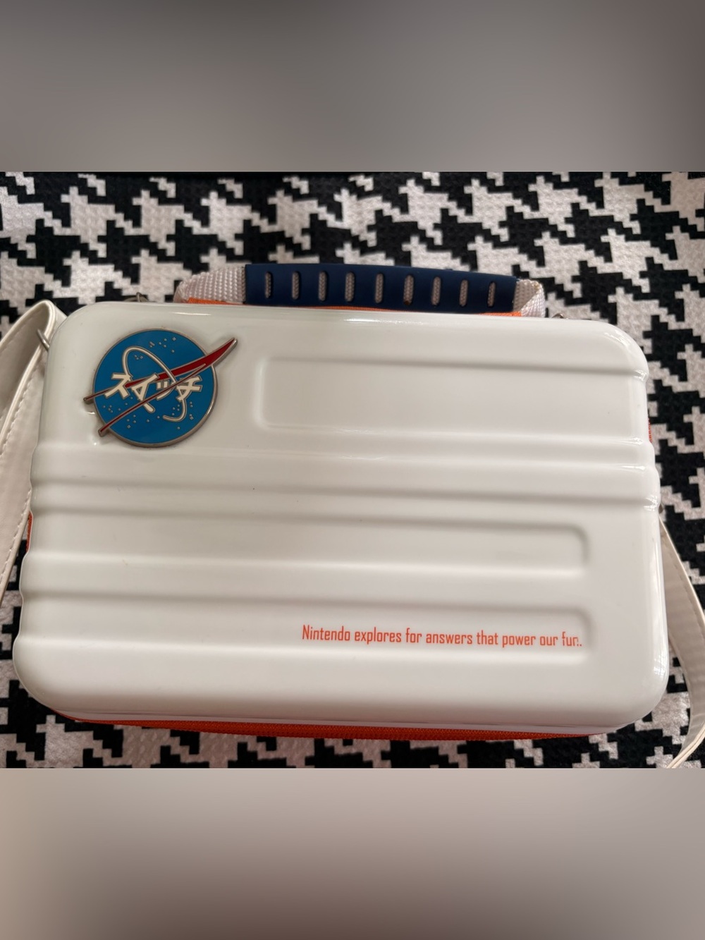 Nintendo White Portable Game Case with Blue Handle and Orange Trim